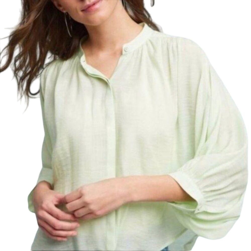 Maeve Button Down Blouse Womens Large Mint Green Excellent Lantern Sleeve Top